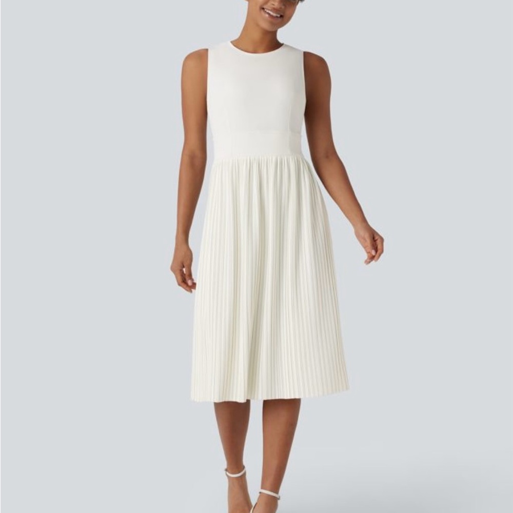 HALARA Ivory Sleeveless Pleated Midi Dress